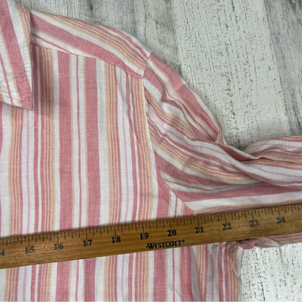 Saint Tropez West 100% Linen Shirt‎ Women's M Pink White Striped Coastal Grandma